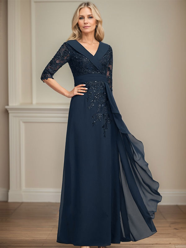A-Linien-Kleid mit Kragen, V-Ausschnitt, bodenlanges Chiffon-Spitzenkleid für die Brautmutter mit Pailletten und kaskadierenden Rüschen