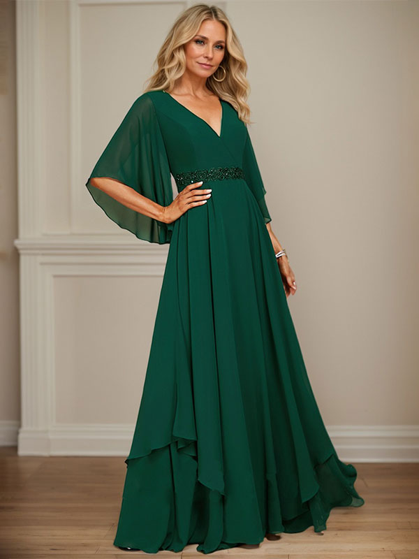 A-line V-Neck Floor-Length Chiffon Mother of the Bride Dress With Sequins Appliques Lace Beading