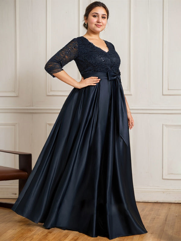 A-Linie V-Ausschnitt Bodenlanges Satin-Spitzenkleid für die Brautmutter mit Paillettenschleife