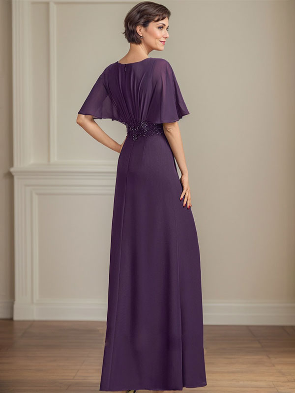 A-Linie V-Ausschnitt Bodenlanges Chiffonkleid für die Brautmutter mit plissierten Paillettenapplikationen Spitze