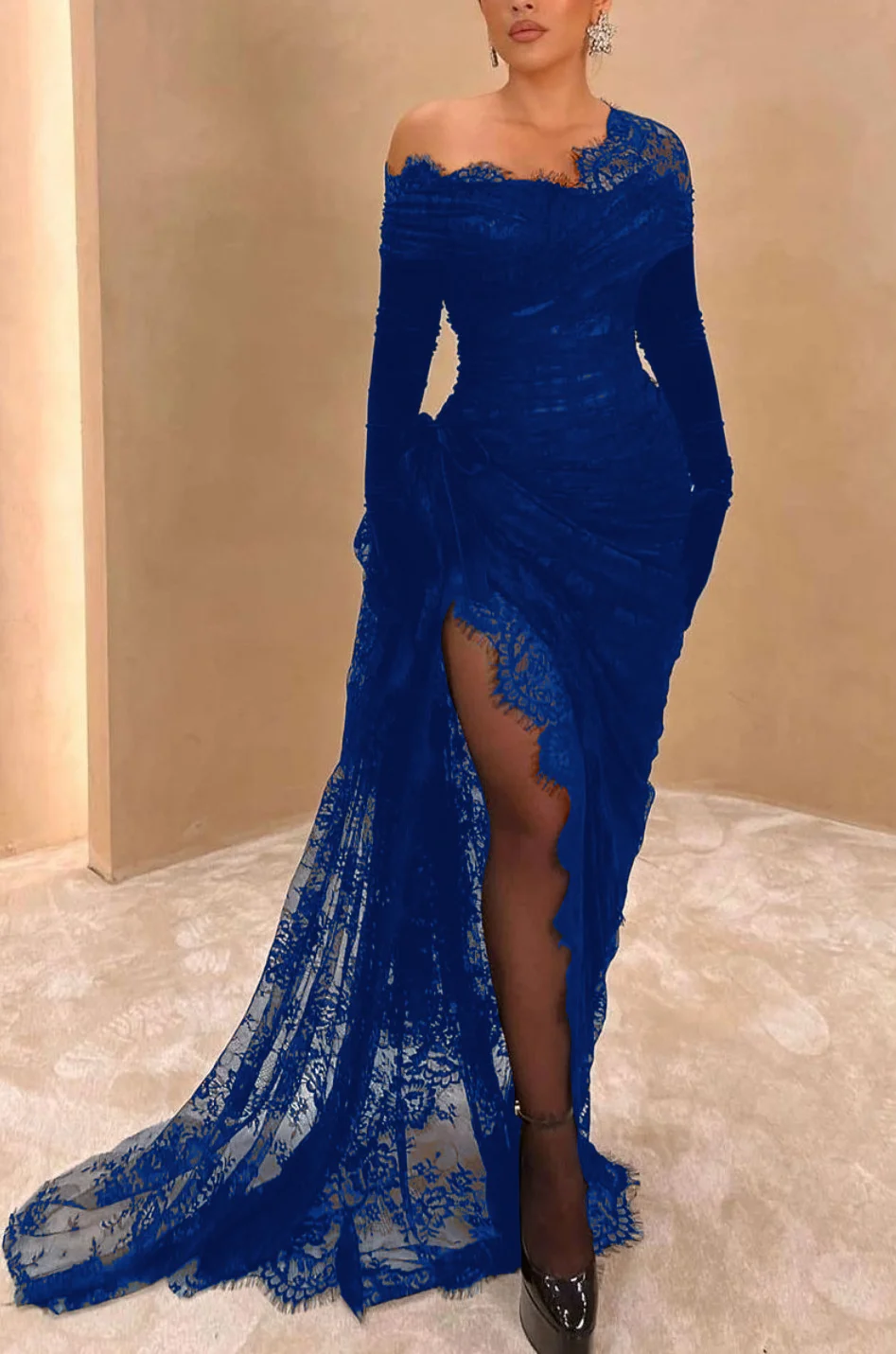 Elegante vestido de fiesta de encaje negro asimétrico con abertura alta, vestido de noche largo Y7984