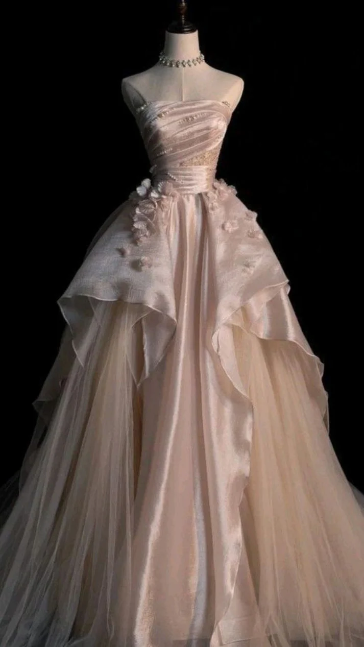 Großzügiges rosa trägerloses A-Linien-Abendkleid aus Tüll, glamouröses Kleid Y6761