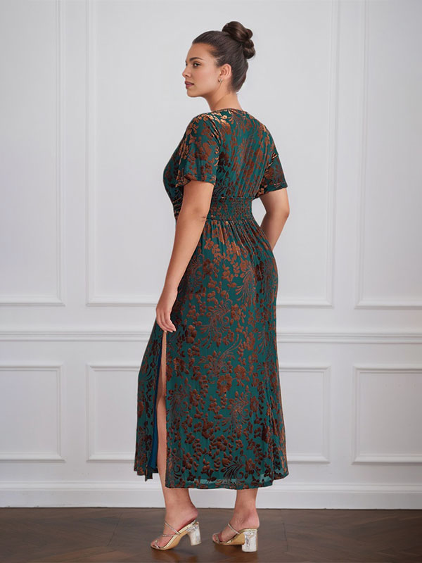 Vestido vintage liso de terciopelo con escote en V y mangas cortas, largo hasta la rodilla, para madre de la novia con abertura