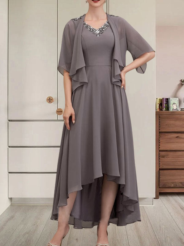 A-Linien-Kleid mit V-Ausschnitt, asymmetrischem Chiffon für die Brautmutter mit Perlen und Pailletten