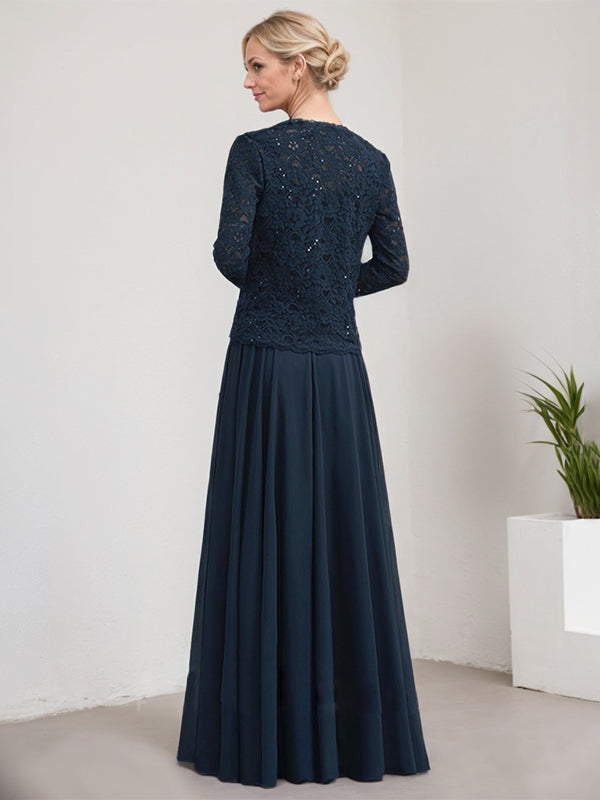 A-Linie Quadratisches Bodenlanges Spitzen-Chiffon-Kleid für die Brautmutter mit Pailletten