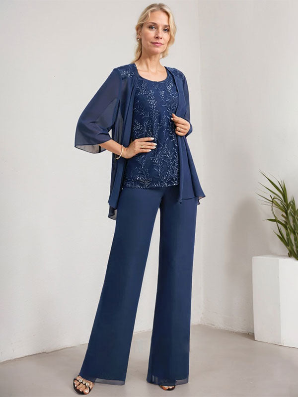 Separates Jumpsuit/Pantsuit Scoop Floor-Length Lace Chiffon Mother of the Bride Dress With Sequins