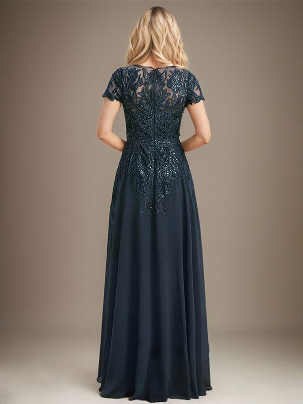 Sheath/Column Scoop Illusion Floor-Length Lace Chiffon Mother of the Bride Dress With Sequins