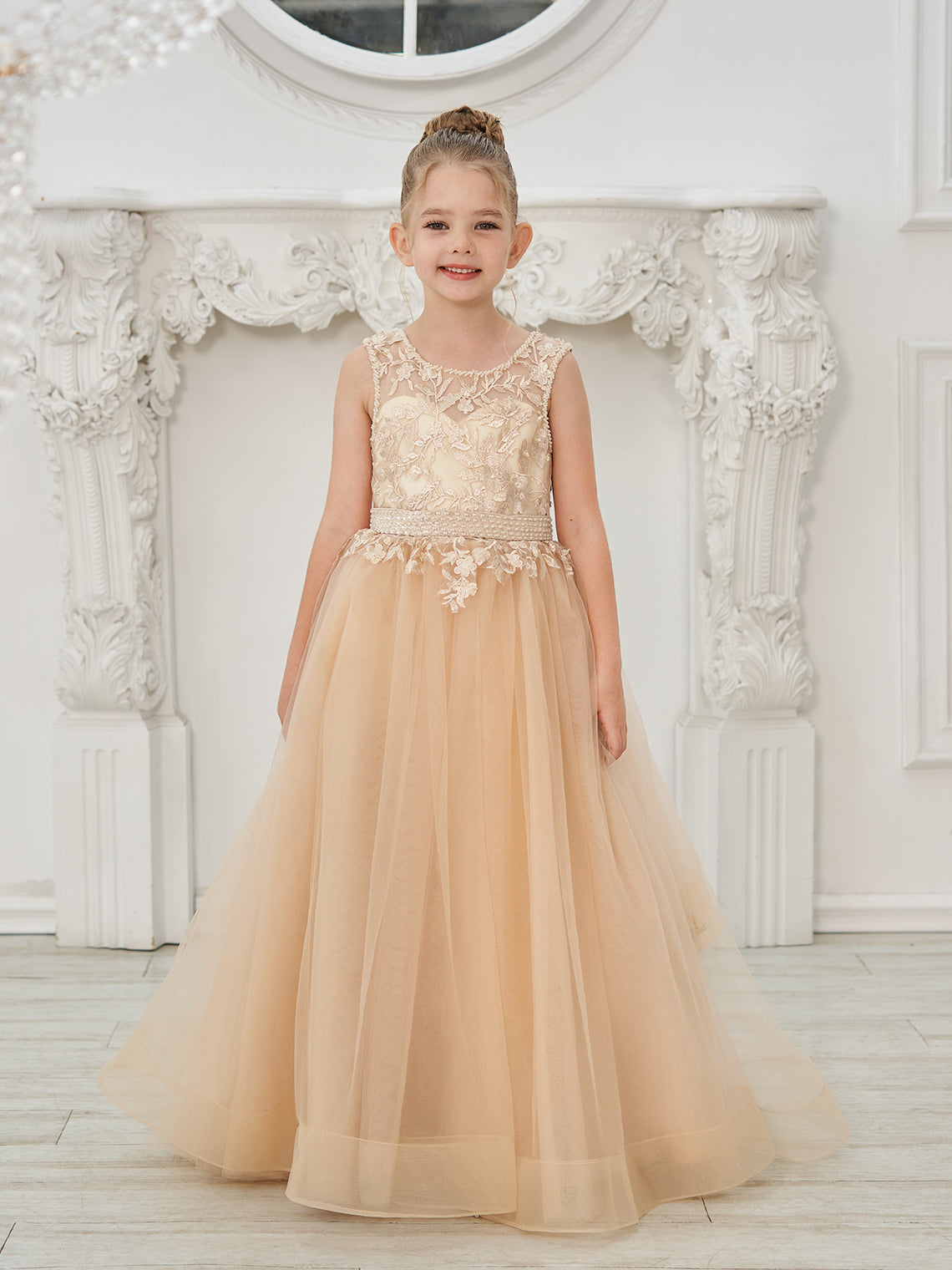 Ball-Gown/Princess Tulle Sweep Train Champagne Flower Girl Dress