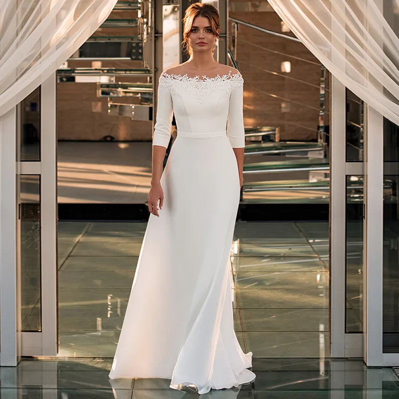 3/4 Sleeve O-Neck Wedding Dress 2021 A-Line Lace Appliques Satin Civil Sunnderly 3/4 Sleeve O-Neck Wedding Dress 2021 A-Line Lace Appliques Satin Civil Sunnderly