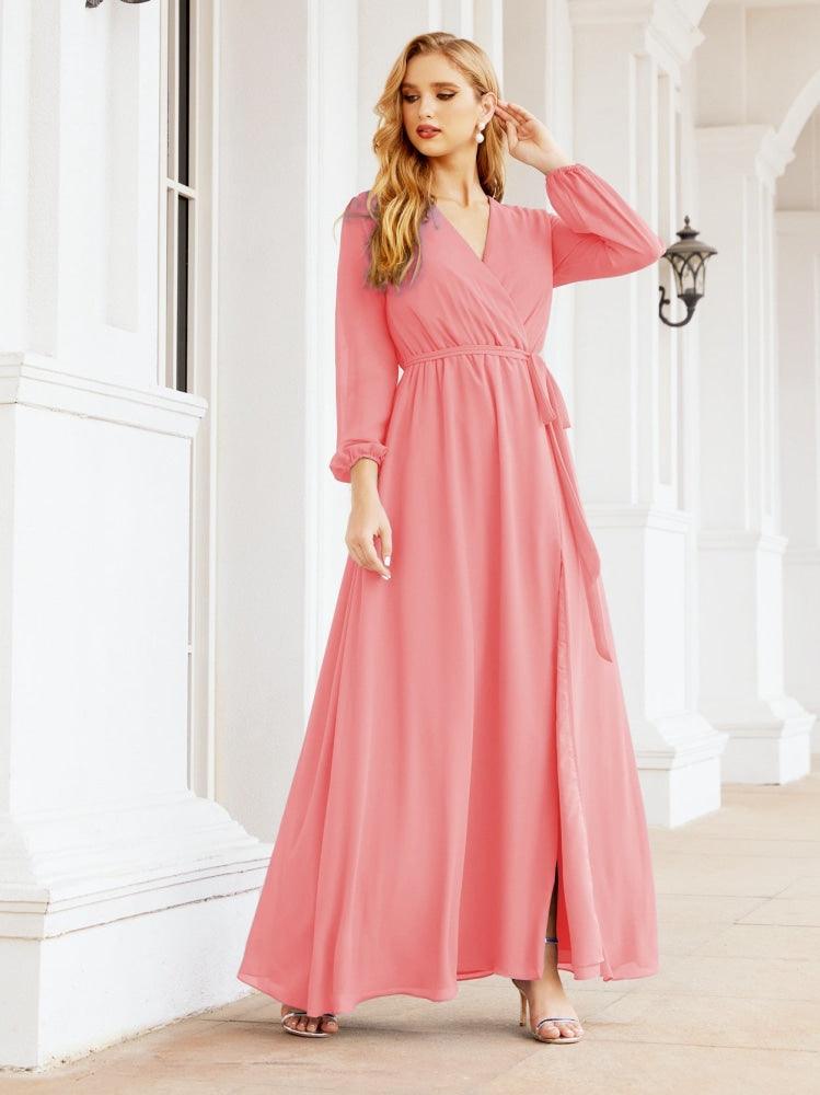 Sunnderly Damen Chiffon Brautjungfernkleid A-Linie Lange Ärmel Formales Abendkleid Ballkleid für Hochzeitsgäste SY28032
