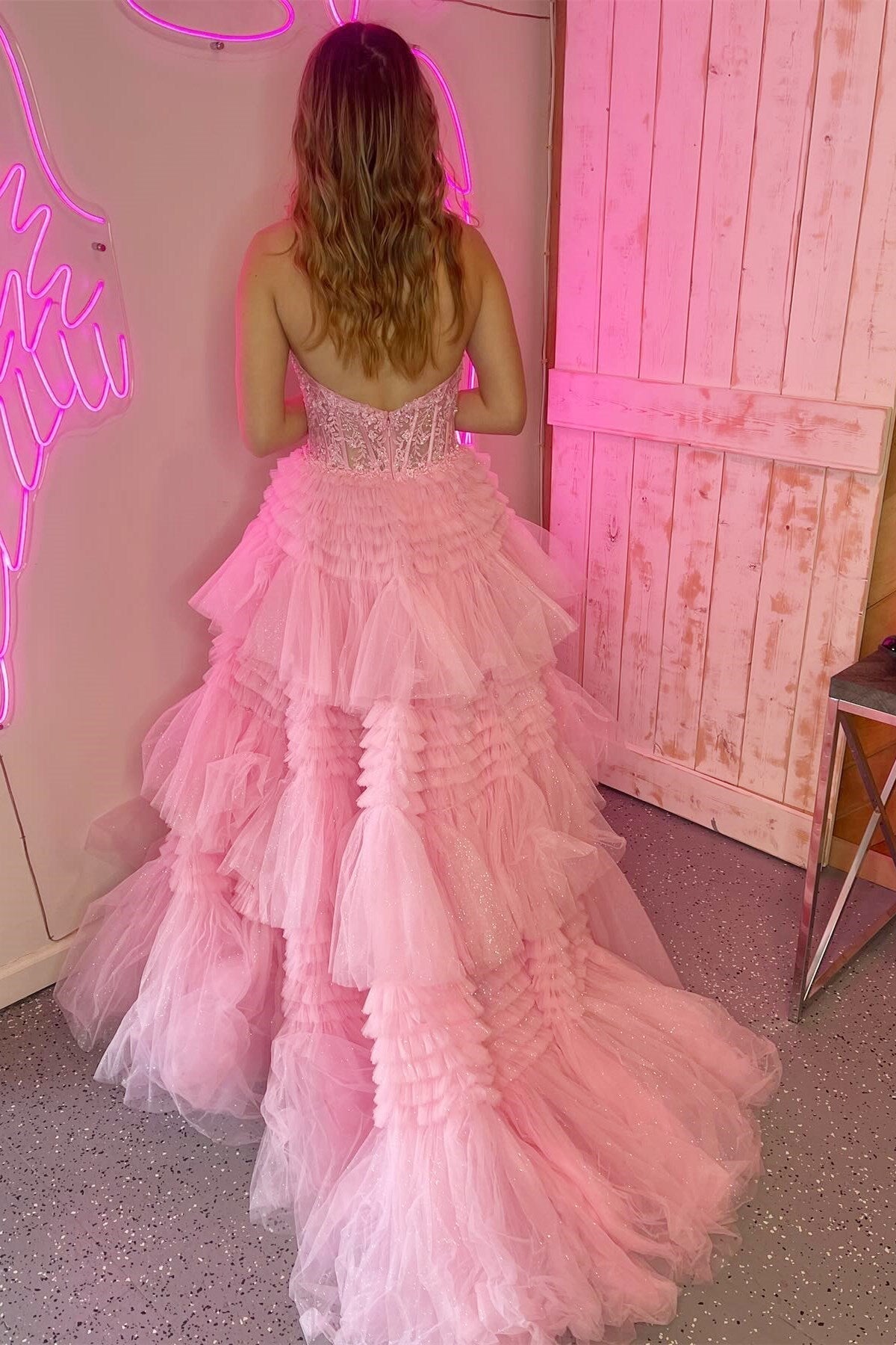 Tulle Appliques Halter Ruffle Tiered Ball Gown