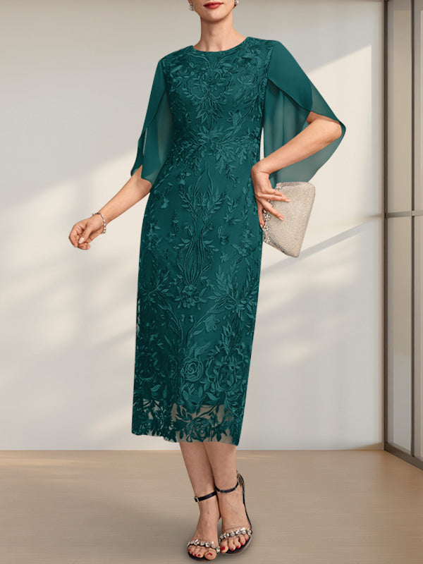 Etui-Linie/Säule U-Ausschnitt Wadenlang Spitze Chiffon Kleid für die Brautmutter