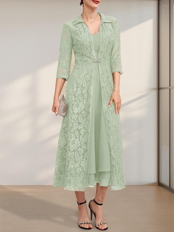 A-Linie V-Ausschnitt Wadenlanges Chiffonkleid für die Brautmutter