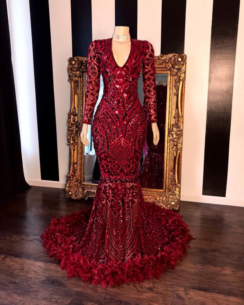 Sequins Mermaid Floor Length Prom Dress Burgundy Long Sleeves