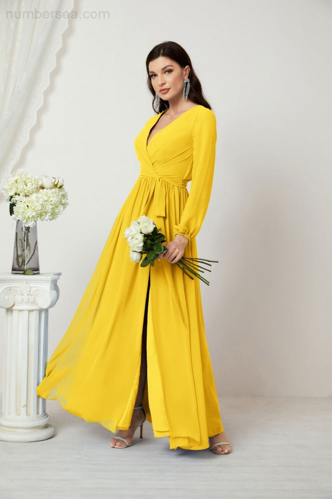 Sunnderly Evening Dresses Deep V-Neck Chiffon Bridesmaid Dresses Long Bishop Sleeve Side Split Formal Dress SY2806