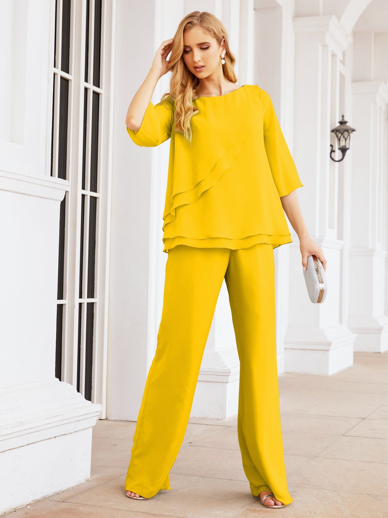 Sunnderly Elegant 2 Piece Mother of The Bride Dress Plus Size Pant Suits Ruffle Layers Sliver Housecoat SY28064