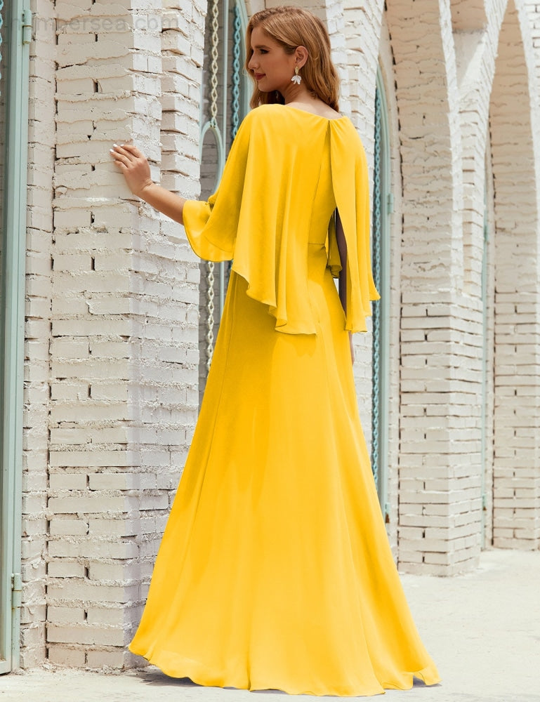 Vestido de dama de honor Sunnderly para mujer, de gasa, manga larga y cuello en V, vestido formal para boda o fiesta SY28018