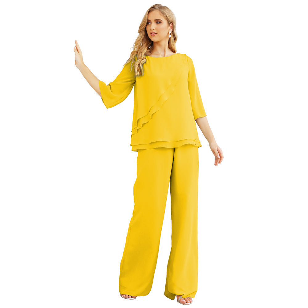 Sunnderly Chiffon Mother of The Bride Dress Plus Size Pant Suits Ruffle Layers
