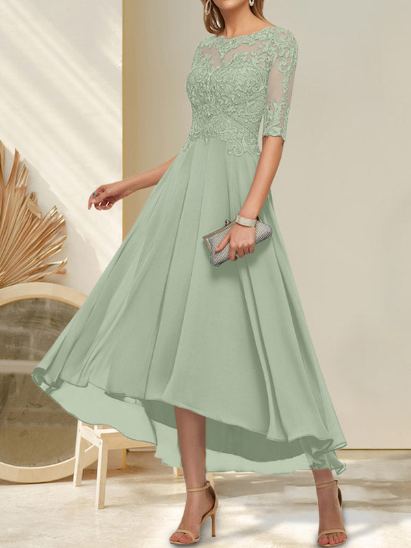 A-Linie, U-Boot-Ausschnitt, Illusion, asymmetrisch, Chiffon, Spitze, Kleid für die Brautmutter mit Pailletten und Perlen