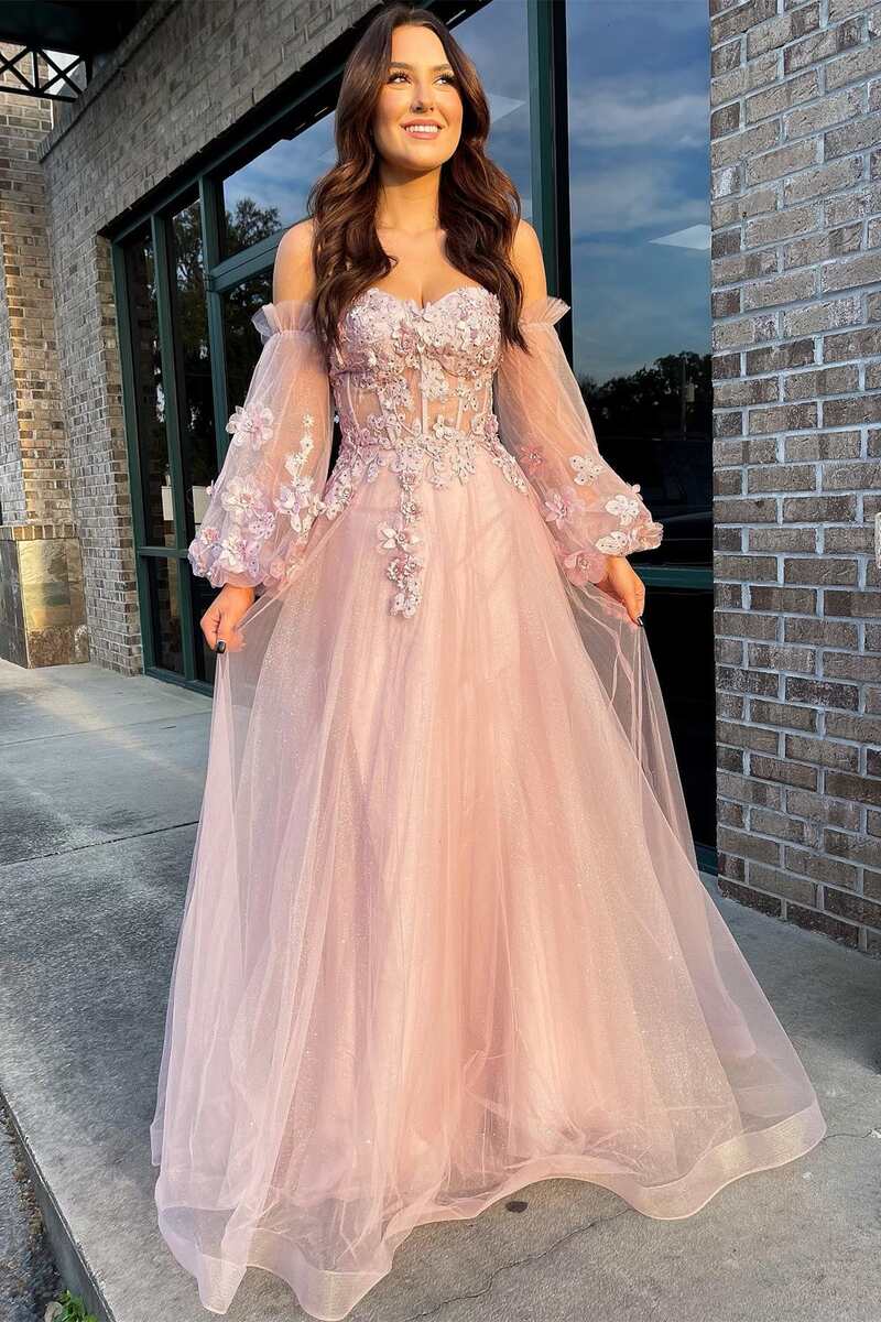 Vestido de fiesta rosa de tul sin tirantes, corte A y mangas globo