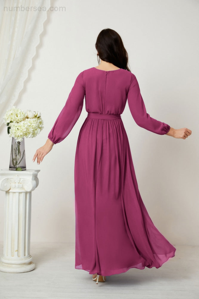 Sunnderly Abendkleider, tiefer V-Ausschnitt, Chiffon, Brautjungfernkleider, lange Bischofsärmel, seitlicher Schlitz, formelles Kleid, SY2806