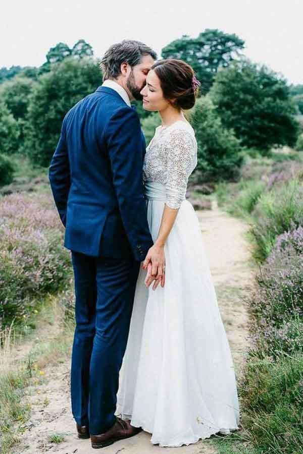 3/4 Sleeve See Through Backless Lace Chiffon Wedding Dresses WD291
