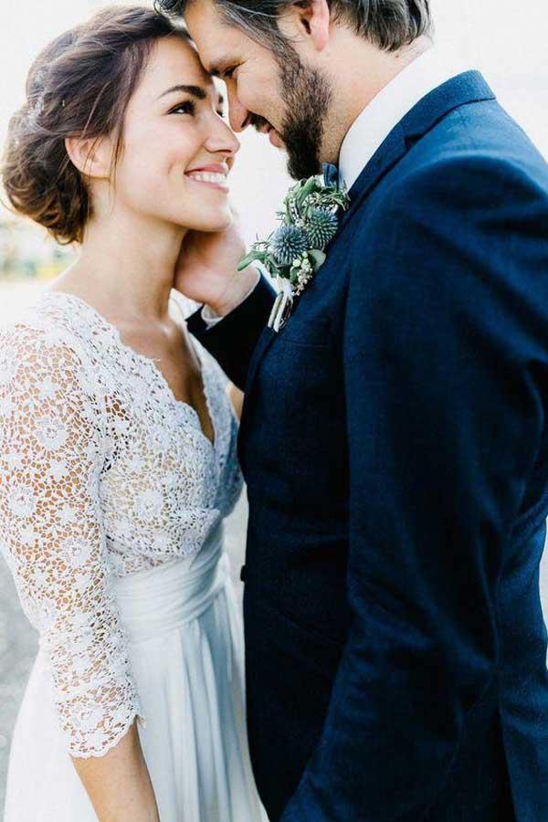 3/4 Sleeve See Through Backless Lace Chiffon Wedding Dresses WD291