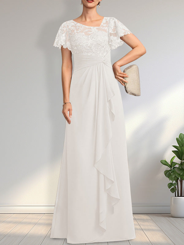 A-Linie, asymmetrisch, Illusion, bodenlang, Spitzen-Chiffon, Kleid für die Brautmutter mit kaskadierenden Rüschen und Pailletten