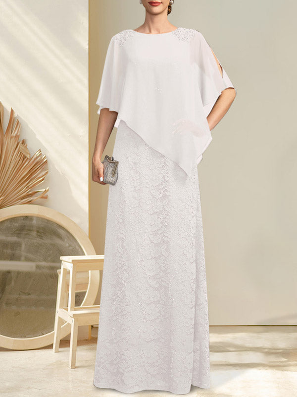 Etui-Linie U-Ausschnitt Bodenlang Chiffon Spitze Kleid für die Brautmutter mit Pailletten Perlenbesatz