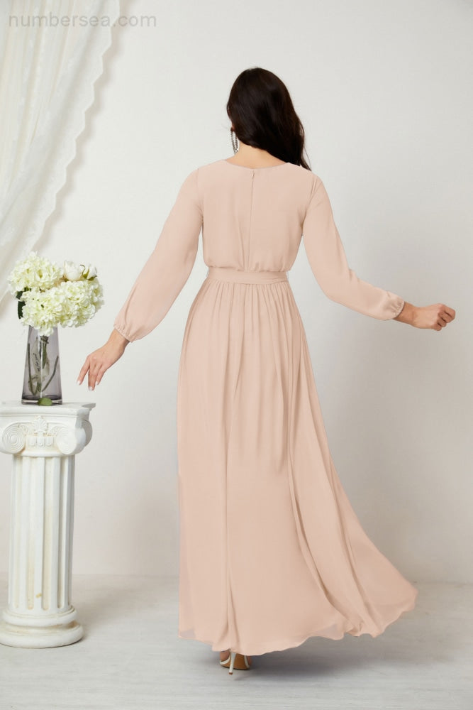 Sunnderly Evening Dresses Deep V-Neck Chiffon Bridesmaid Dresses Long Bishop Sleeve Side Split Formal Dress SY2806