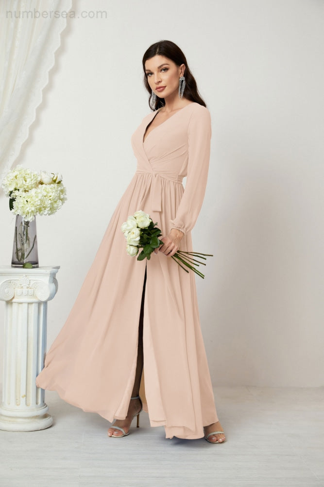 Sunnderly Abendkleider, tiefer V-Ausschnitt, Chiffon, Brautjungfernkleider, lange Bischofsärmel, seitlicher Schlitz, formelles Kleid, SY2806