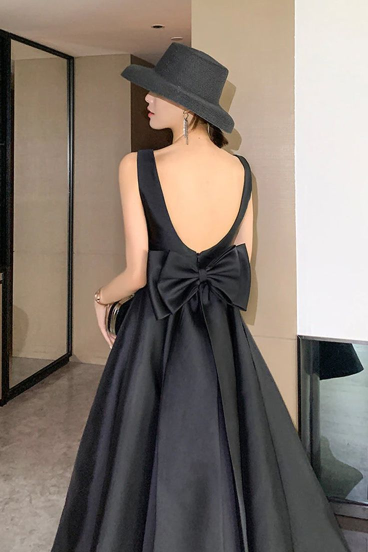 Elegante vestido negro de fiesta de graduación, cumpleaños, sin espalda, con lazo grande, para invitados de noche, vestidos largos de fiesta de verano Y5790