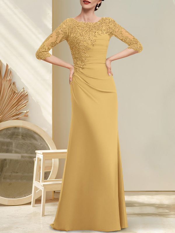 A-line Scoop Floor-Length Chiffon Lace Mother of the Bride Dress With Beading Pleated Sequins