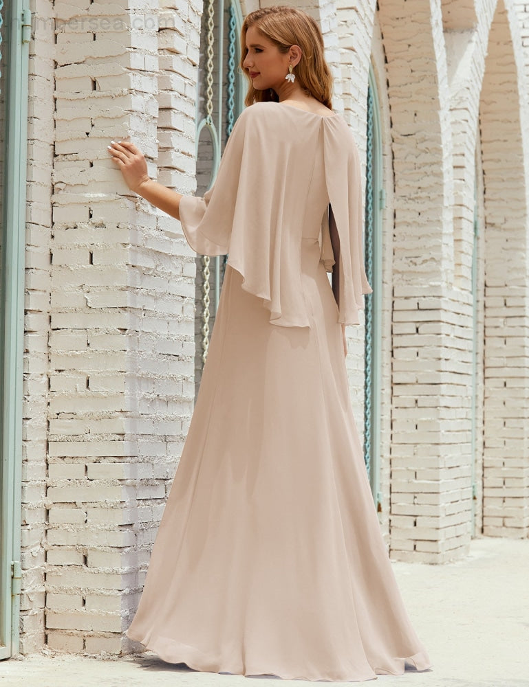Vestido de dama de honor Sunnderly para mujer, de gasa, manga larga y cuello en V, vestido formal para boda o fiesta SY28018