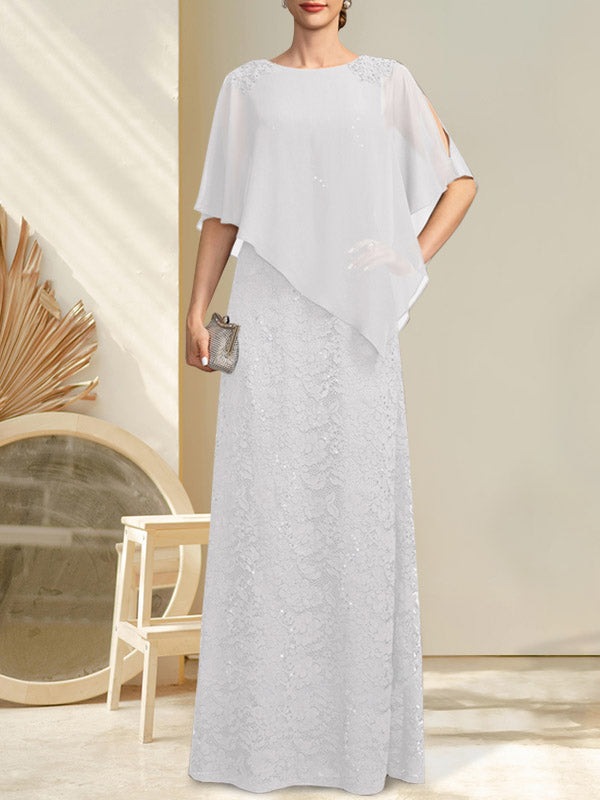 Etui-Linie U-Ausschnitt Bodenlang Chiffon Spitze Kleid für die Brautmutter mit Pailletten Perlenbesatz