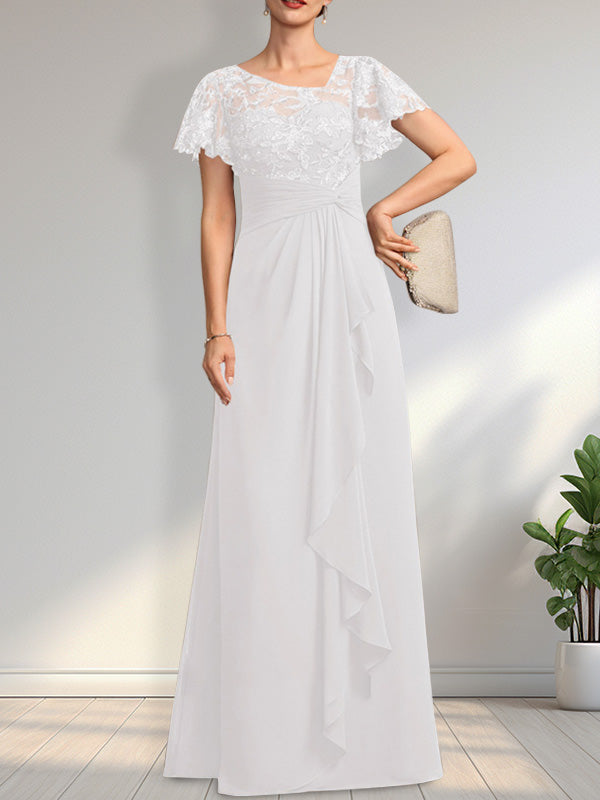 A-Linie, asymmetrisch, Illusion, bodenlang, Spitzen-Chiffon, Kleid für die Brautmutter mit kaskadierenden Rüschen und Pailletten