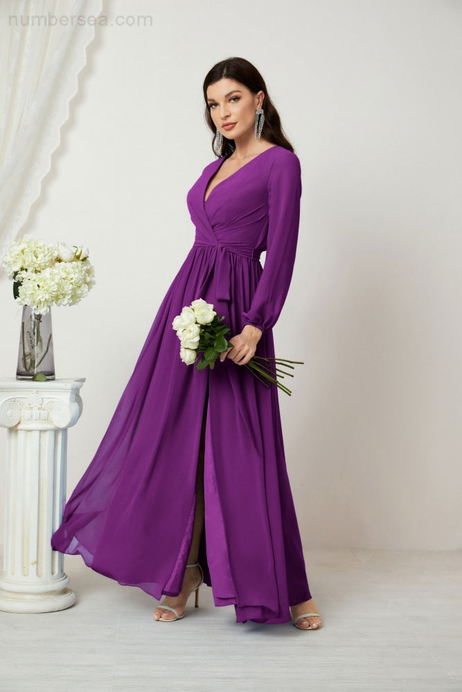 Sunnderly Abendkleider, tiefer V-Ausschnitt, Chiffon, Brautjungfernkleider, lange Bischofsärmel, seitlicher Schlitz, formelles Kleid, SY2806