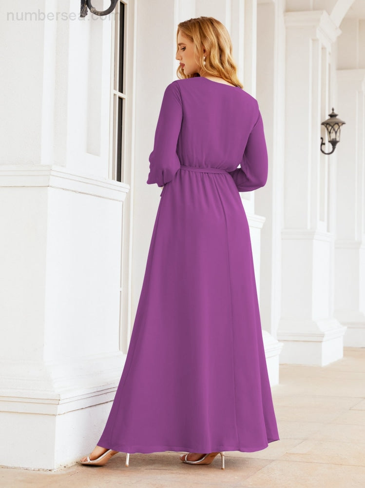 Sunnderly Women's Chiffon Bridesmaid Dress A line Long Sleeves Formal Evening Prom Gown for Wedding Guest SY28032