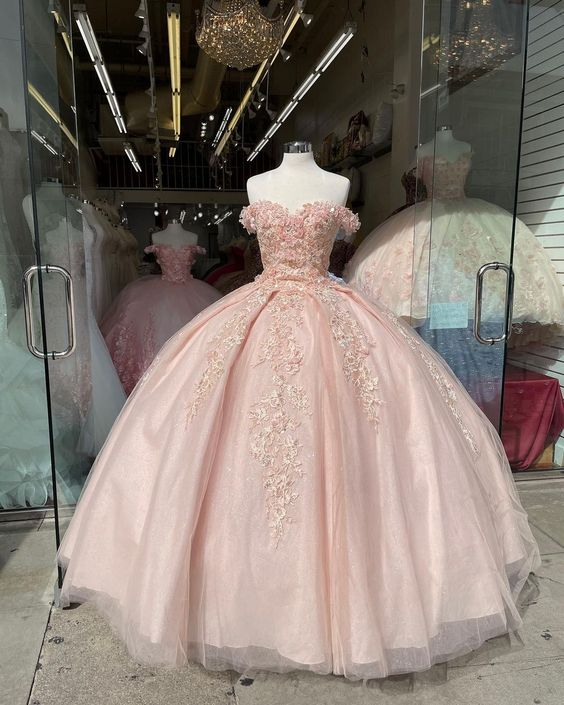 Pink Off Shoulder Lace Appliques Ball Gown Sweet 16 Dress Y2735