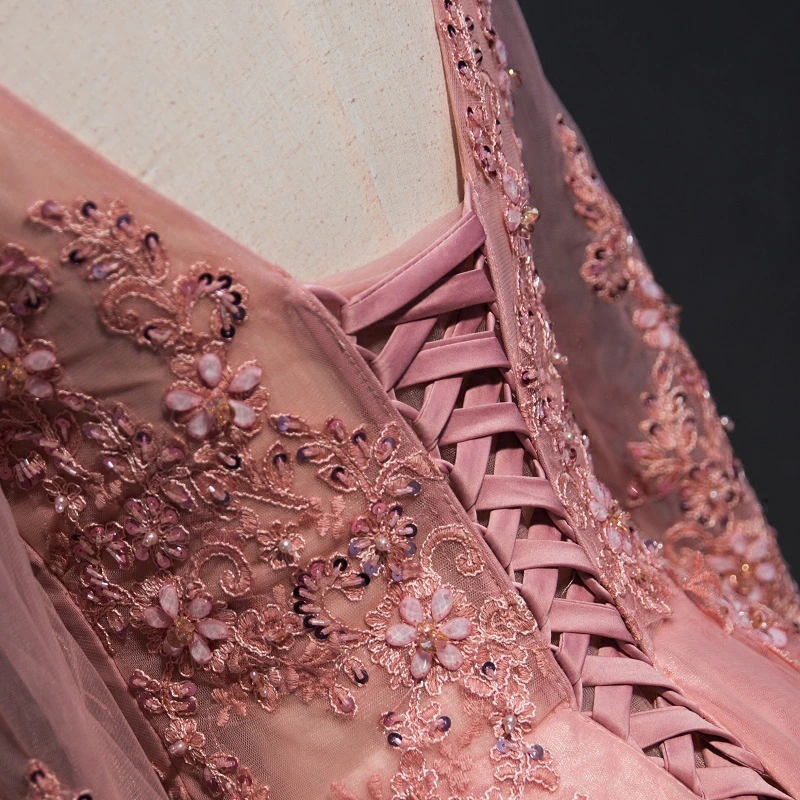 Elegante vestido de fiesta de noche con escote en A y largo hasta el suelo de tul rosa con apliques Y1177