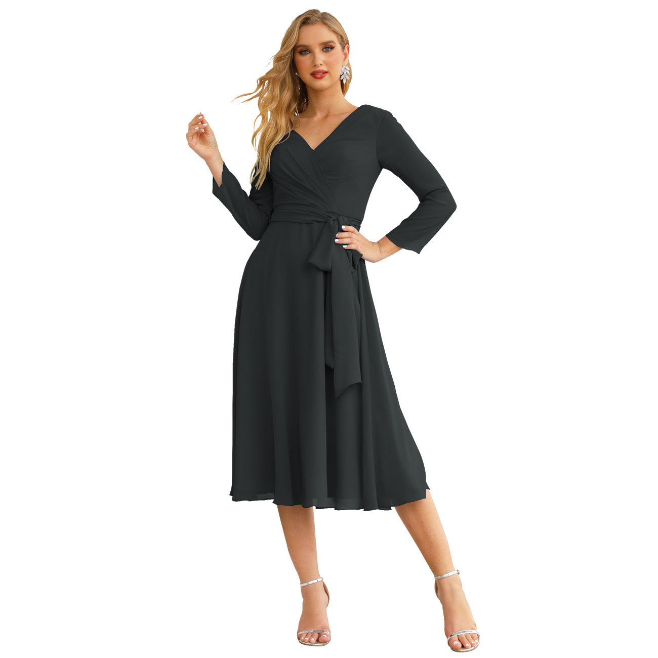 Sunnderly Chiffon Bridesmaid Dress V-Back Waist Belt Formal Prom Gown Mother of The Bride Wedding Guest