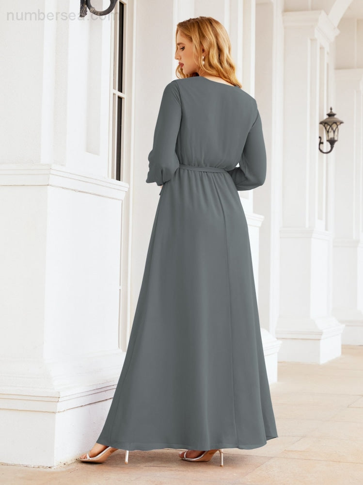 Sunnderly Damen Chiffon Brautjungfernkleid A-Linie Lange Ärmel Formales Abendkleid Ballkleid für Hochzeitsgäste SY28032