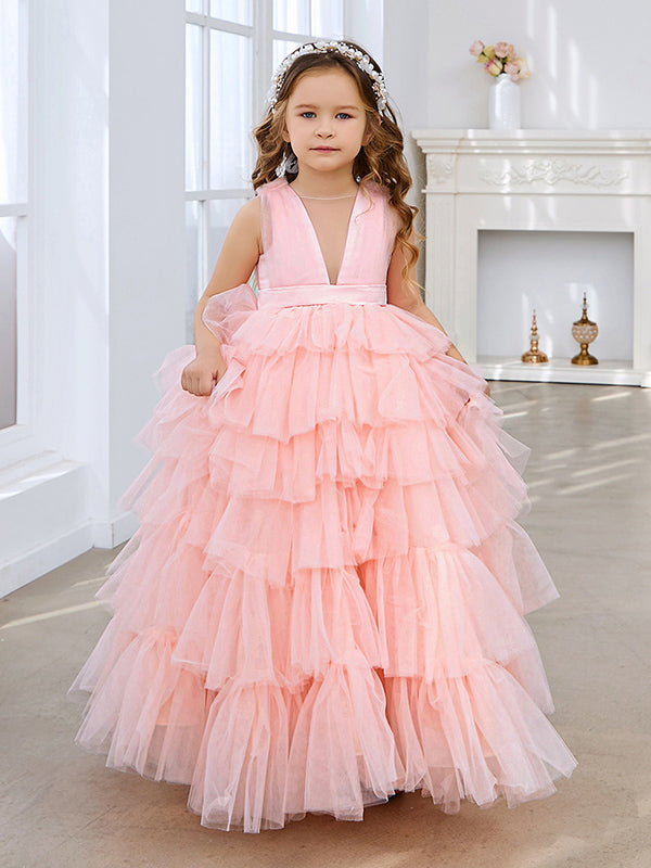 Vestido de fiesta/princesa rosa perla sin mangas con lazo de tul para niña de las flores