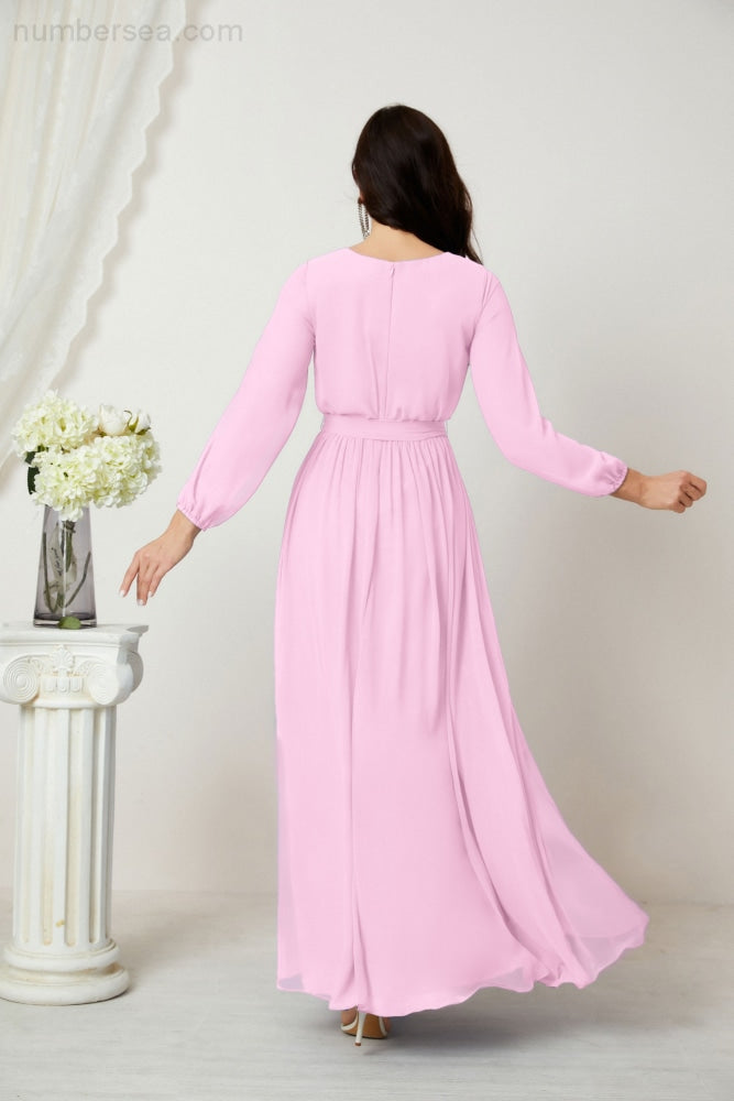 Sunnderly Abendkleider, tiefer V-Ausschnitt, Chiffon, Brautjungfernkleider, lange Bischofsärmel, seitlicher Schlitz, formelles Kleid, SY2806