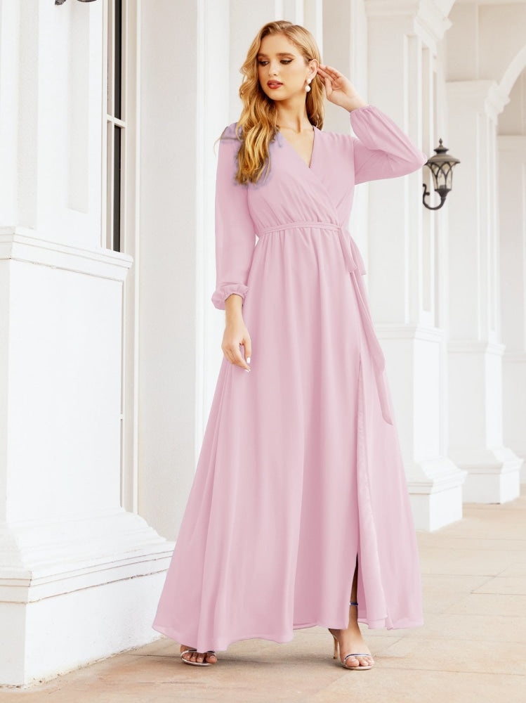 Sunnderly Damen Chiffon Brautjungfernkleid A-Linie Lange Ärmel Formales Abendkleid Ballkleid für Hochzeitsgäste SY28032