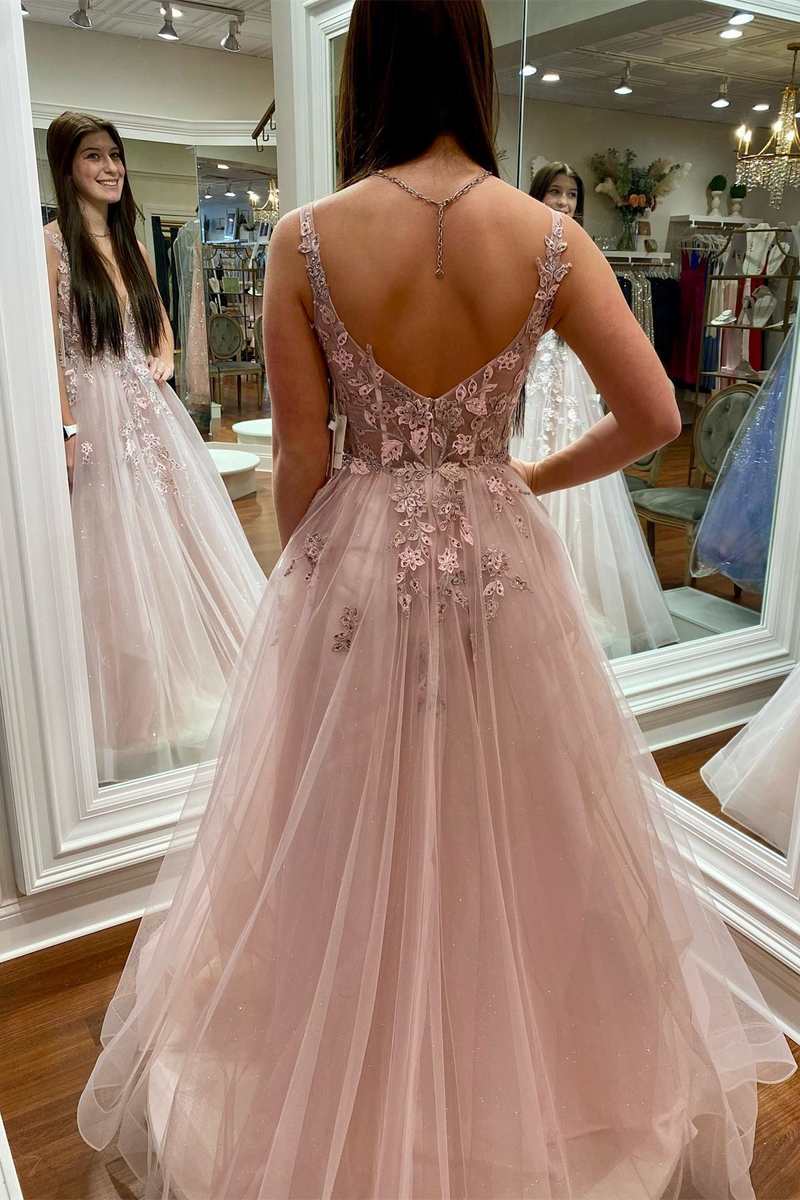Artemis | Rückenfreies A-Linien-Ballkleid mit Blumenspitze und tiefem Ausschnitt