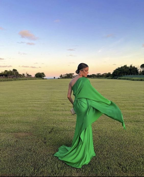 Green One Sleeve Evening Dress With Split,Gala Dress Y5584