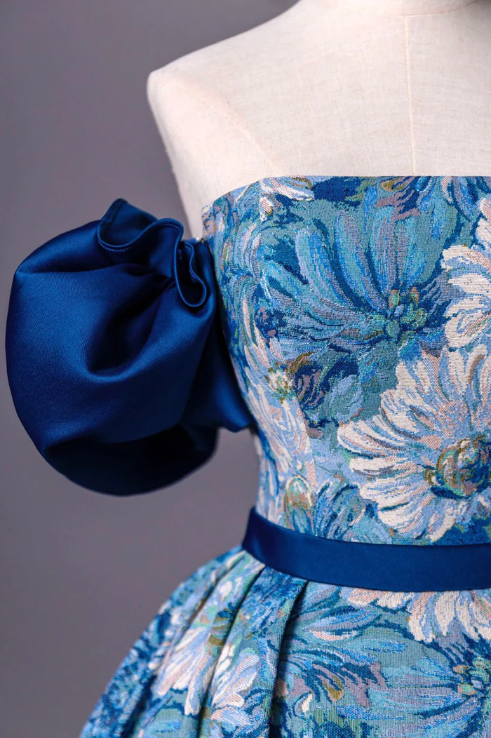Blaues bedrucktes langes A-Linien-Ballkleid Blaues schulterfreies formelles Abendkleid Y4605