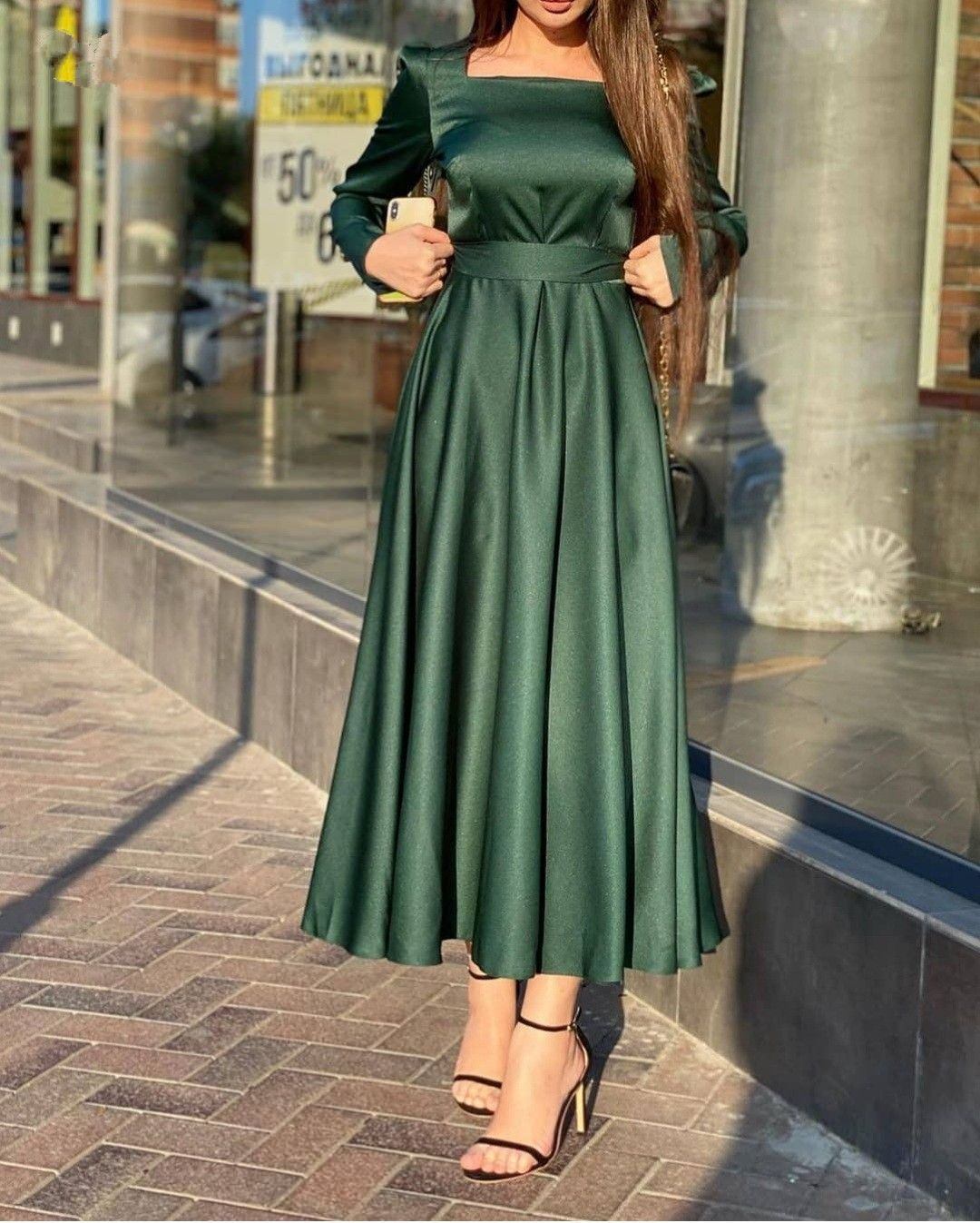 Einfaches grünes A-Linien-Ballkleid mit quadratischem Ausschnitt, grünes Abendkleid Y5553