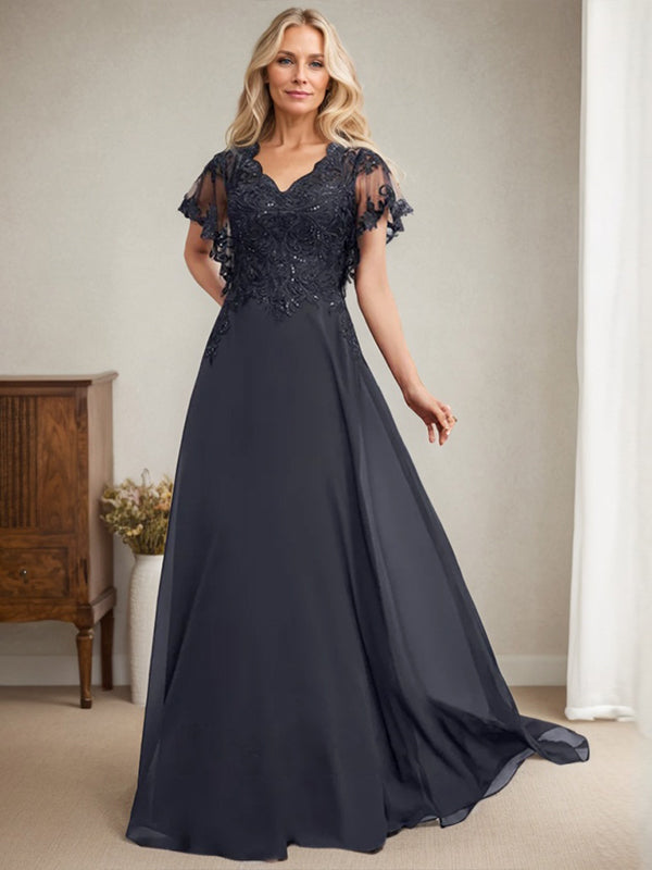 A-Linie V-Ausschnitt Bodenlanges Spitzenchiffonkleid für die Brautmutter mit Pailletten